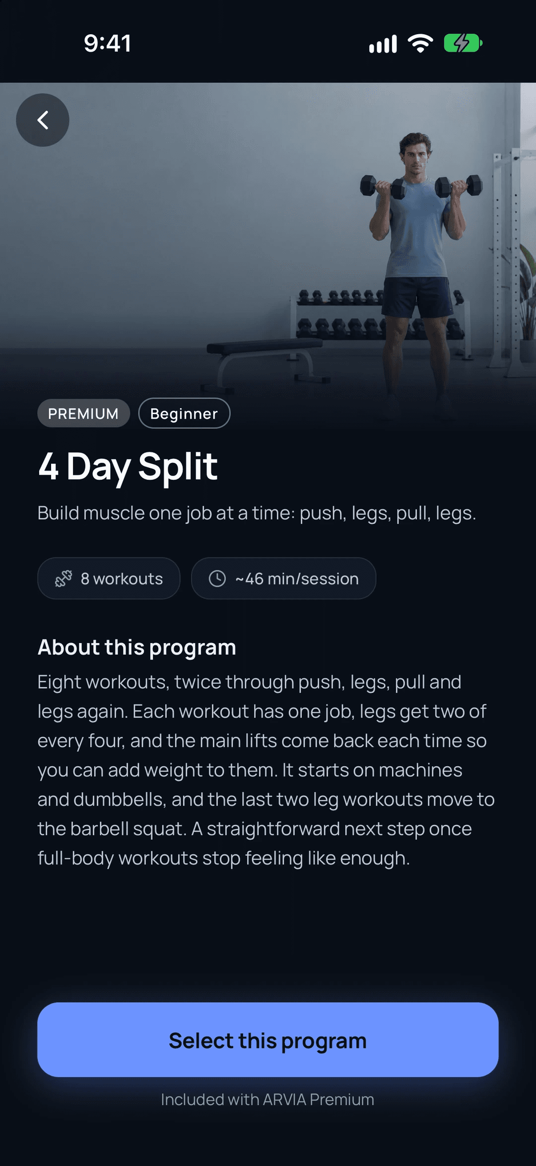 The 4 Day Split page in ARVIA, with its photo, level, workout count, session length and description.