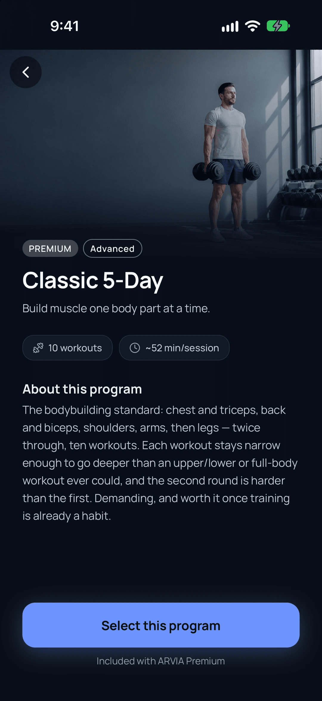 The Classic 5-Day page in ARVIA, with its photo, level, workout count, session length and description.