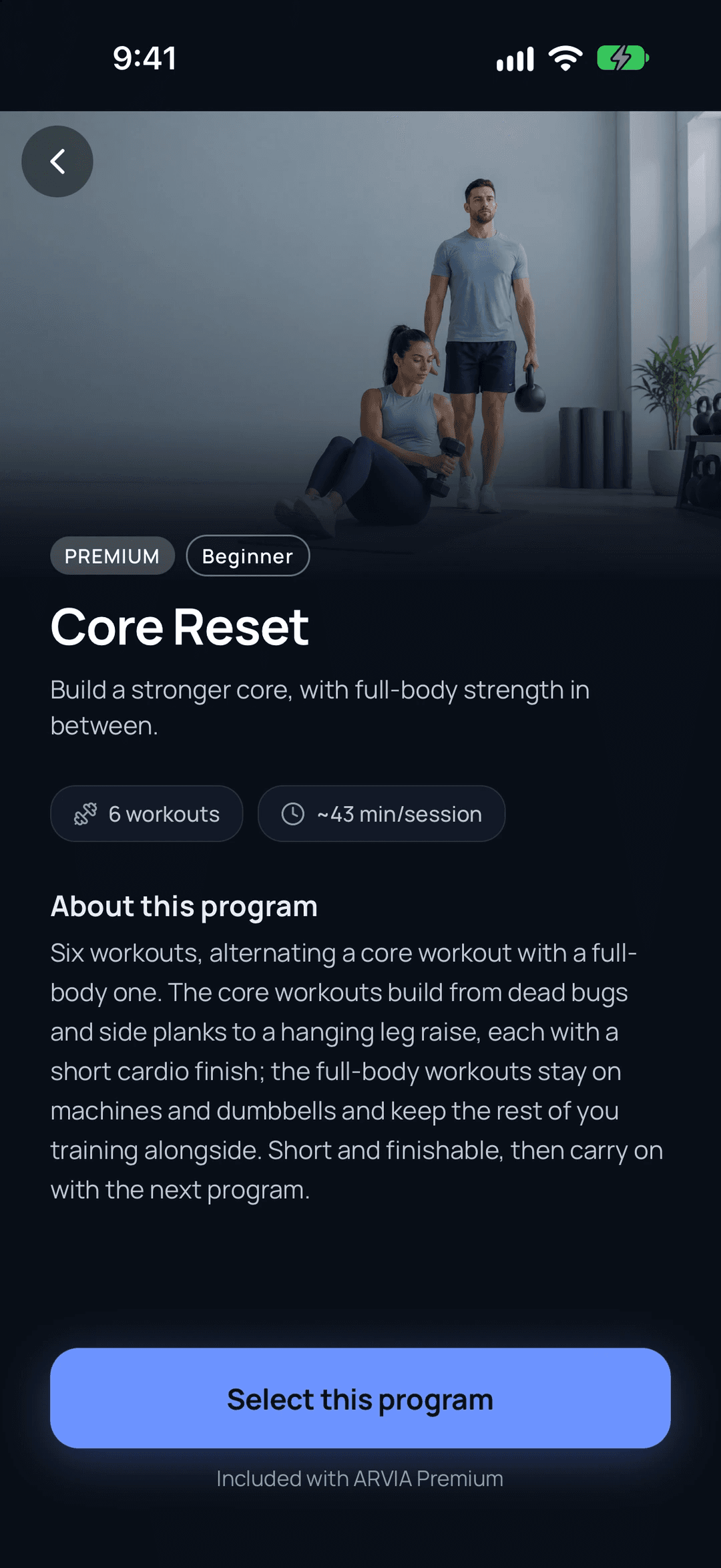 The Core Reset page in ARVIA, with its photo, level, workout count, session length and description.