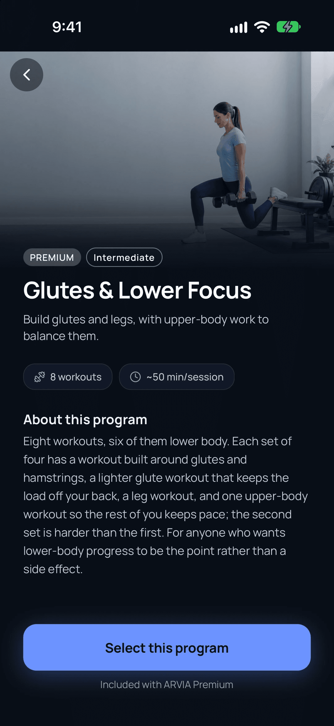 The Glutes & Lower Focus page in ARVIA, with its photo, level, workout count, session length and description.