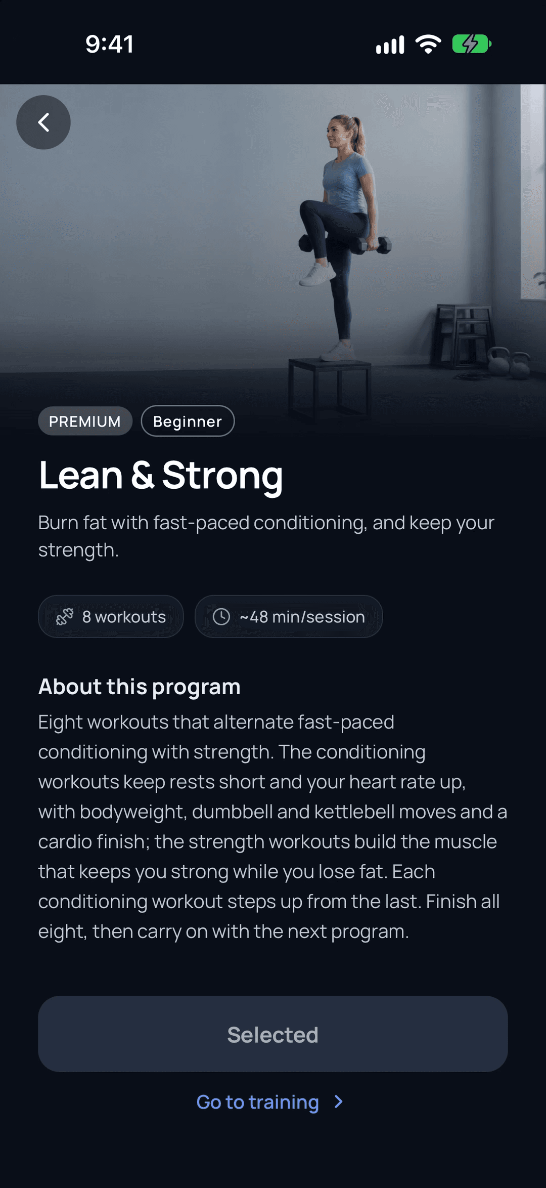 The Lean & Strong page in ARVIA, with its photo, level, workout count, session length and description.