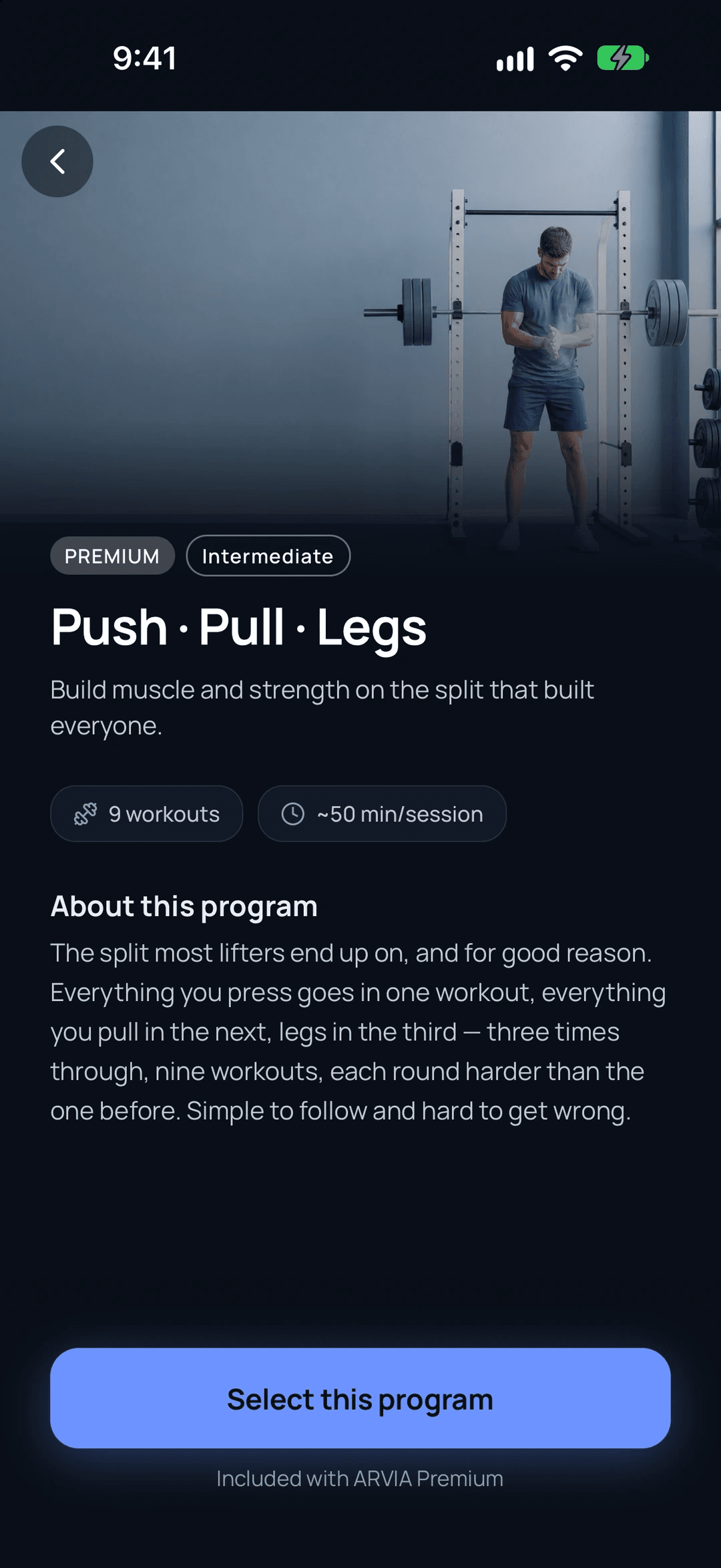 The Push · Pull · Legs page in ARVIA, with its photo, level, workout count, session length and description.