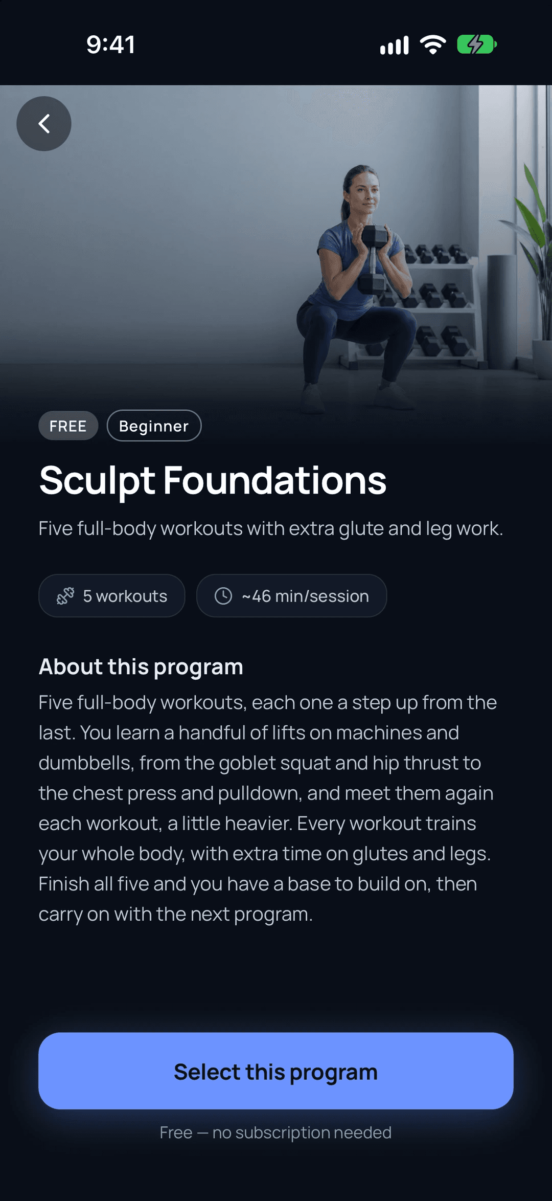 The Sculpt Foundations page in ARVIA, with its photo, level, workout count, session length and description.