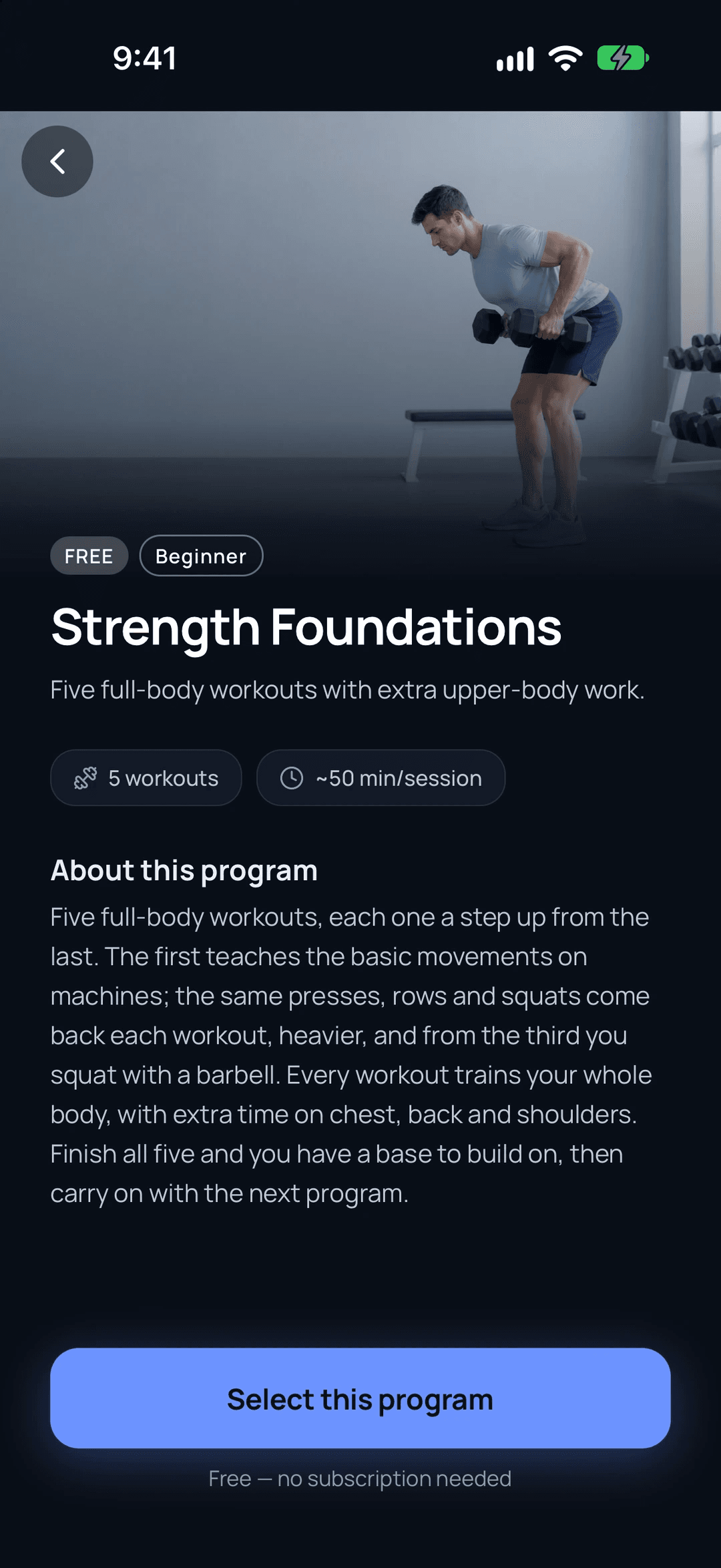 The Strength Foundations page in ARVIA, with its photo, level, workout count, session length and description.