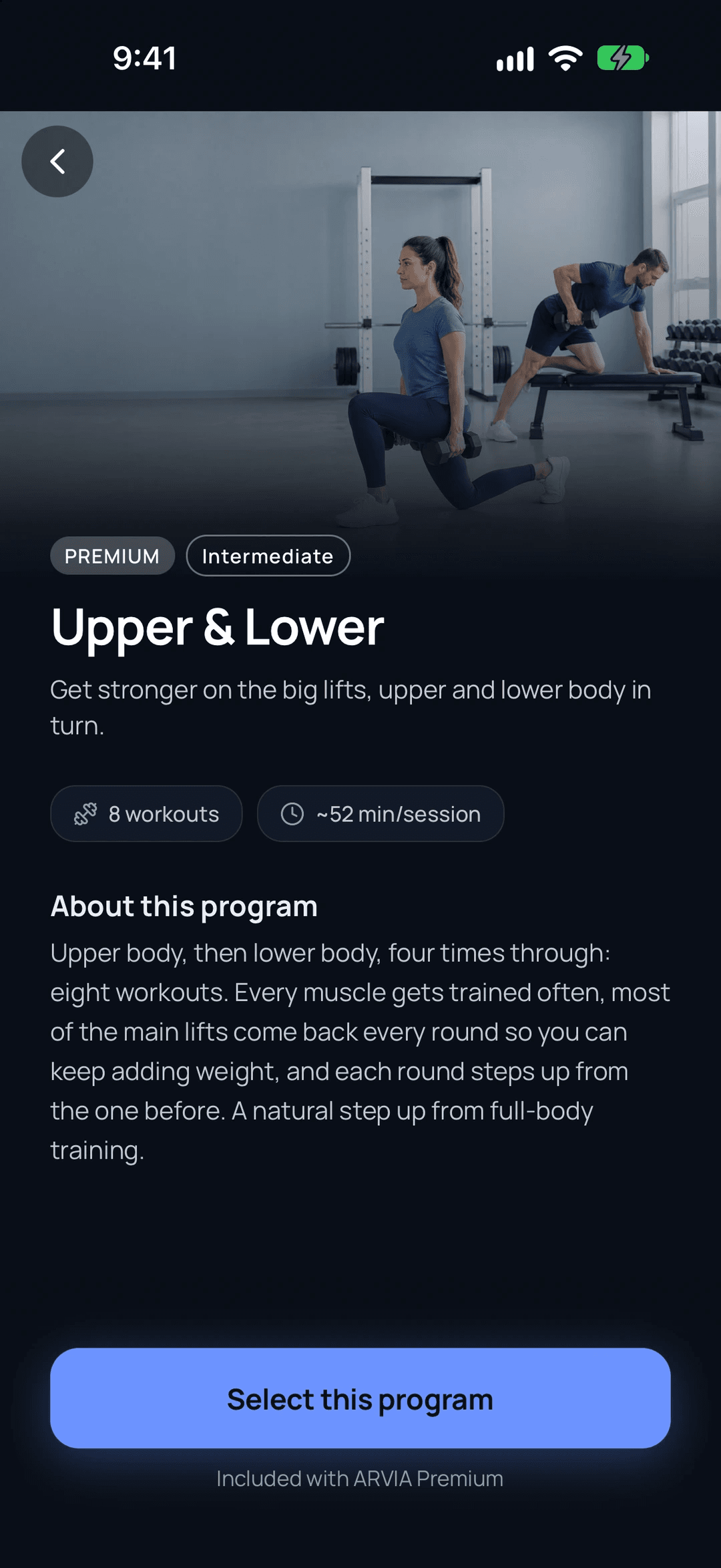 The Upper & Lower page in ARVIA, with its photo, level, workout count, session length and description.