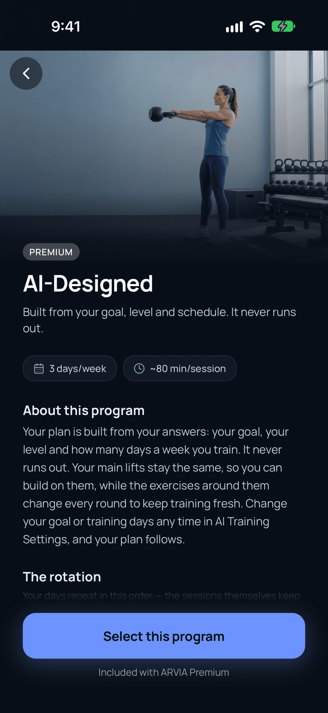 The AI-Designed page in ARVIA, marked Premium, showing 3 days a week, about 80 minutes a session, a short description of the plan and a Select this program button.
