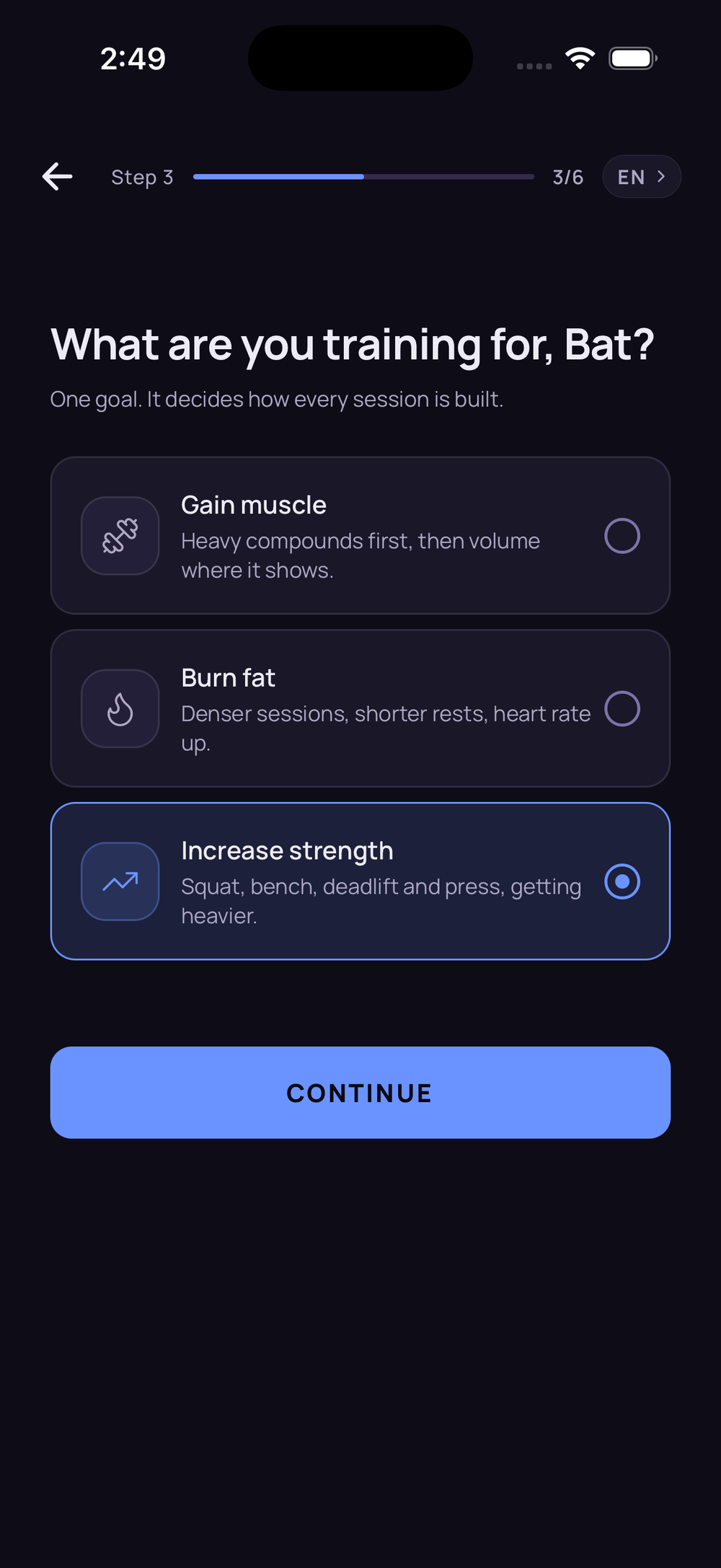 Onboarding step 3 of 6 asking what you are training for, with Gain muscle, Burn fat and Increase strength as options.