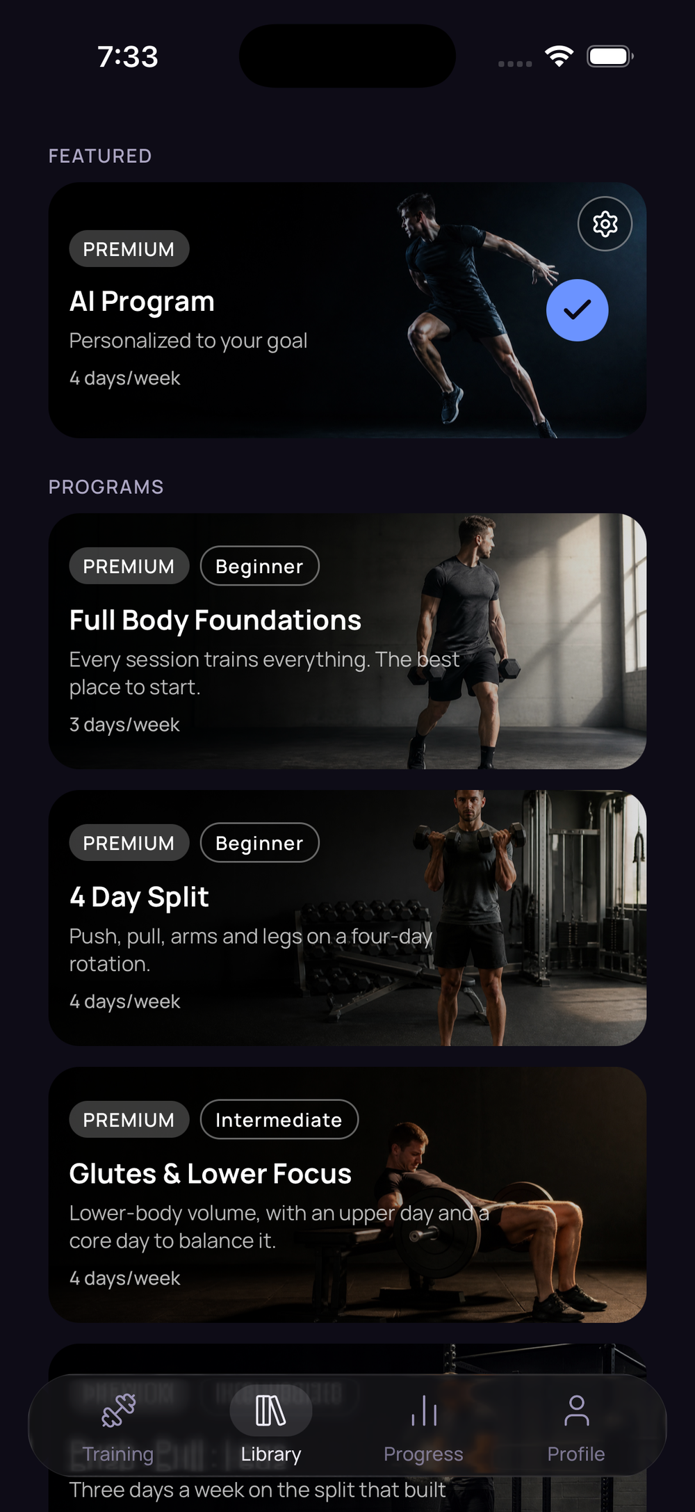 The Library tab with the AI Program featured at the top and curated programs including Full Body Foundations, 4 Day Split and Glutes and Lower Focus below.