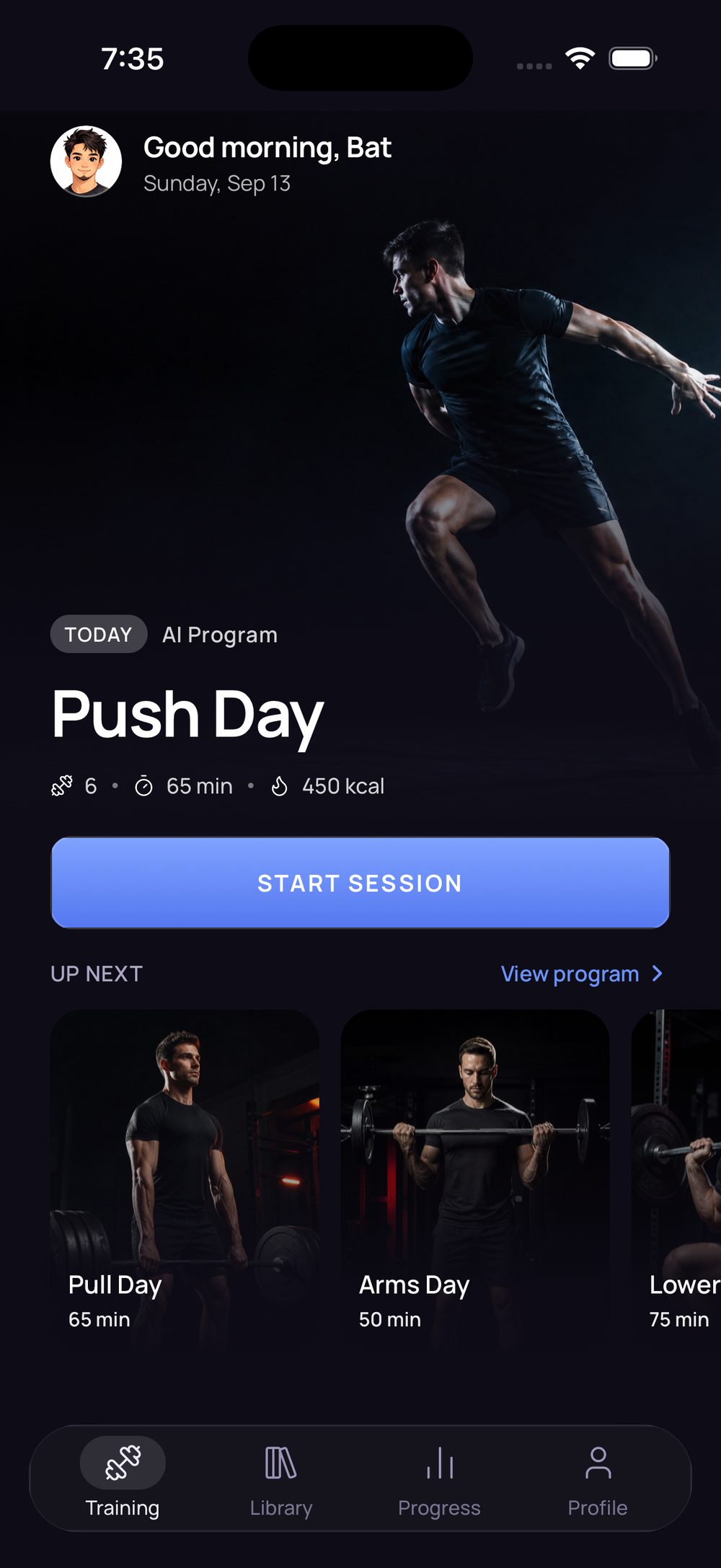 The ARVIA Training tab: today's session is Push Day, 6 exercises, 65 minutes, 450 kcal, with a Start session button and the coming days queued below.